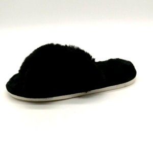 MeMor Womens Flat Heel Slide Cross‎ Strap Faux Fur Slipper Cushioned Black M 7/8